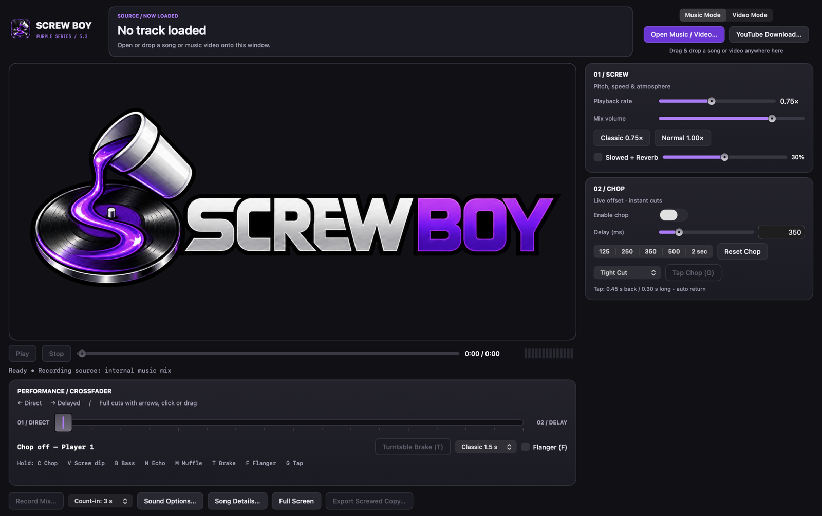 Screw Boy standalone music workspace with decks, chop fader, and effects