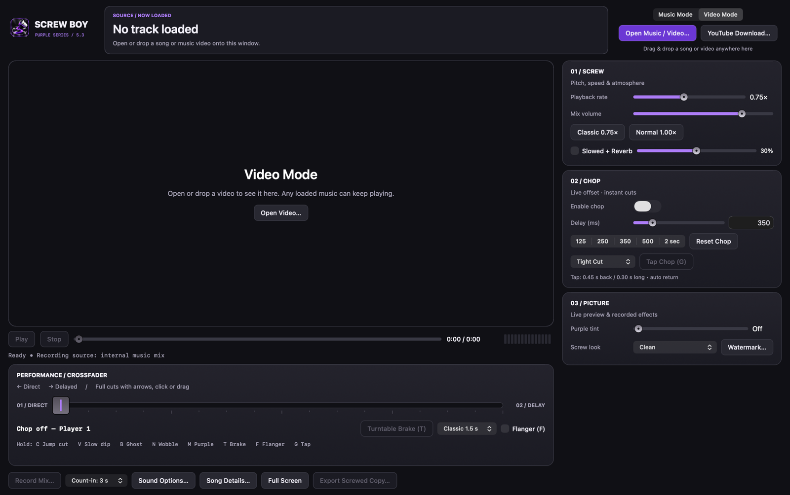 Screw Boy video workspace with a large preview, chop controls, and video effects